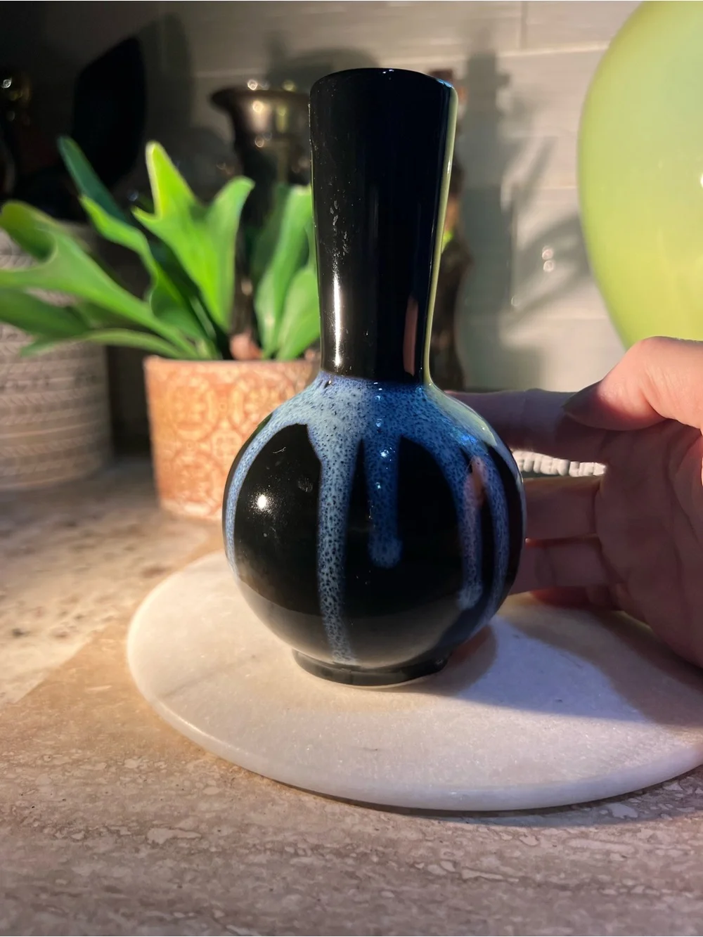 Vintage Handmade Blue and Black Ceramic Bud Vase - no cracks